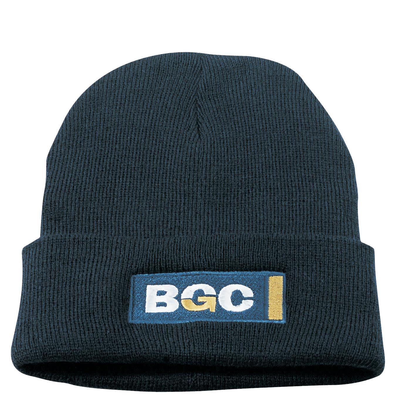 A dark green wool/acrylic roll-up beanie with a logo on the front.
