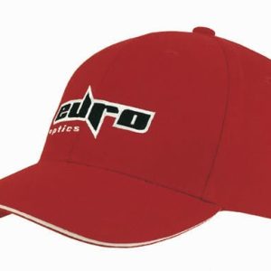 A red brushed heavy cotton cap with sandwich trim and a logo on the front.