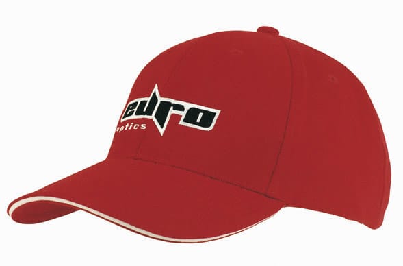 A red brushed heavy cotton cap with sandwich trim and a logo on the front.