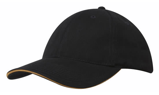 A black brushed heavy cotton cap with sandwich trim and a logo.