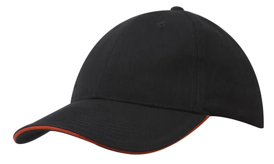 A black cap with a sandwich trim in orange, featuring a logo on the front. Suitable for casual wear.