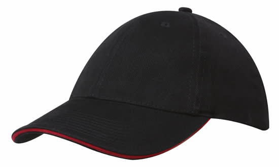 A black cap with sandwich trim, featuring a curved brim and a logo on the front.