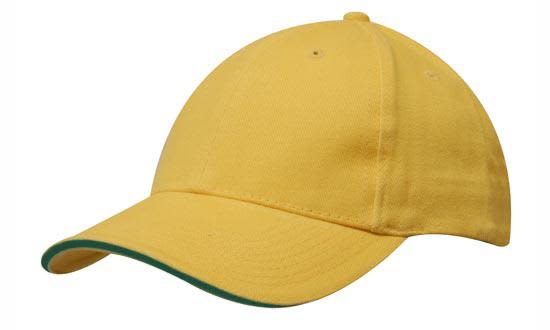 A yellow brushed heavy cotton cap with a green sandwich trim and a logo.