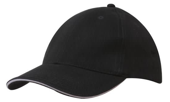 A black brushed heavy cotton cap featuring sandwich trim and a logo. Suitable for casual wear or events.