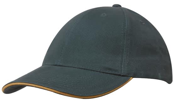A dark green cap featuring a sandwich trim in a contrasting colour and has a logo on the front.