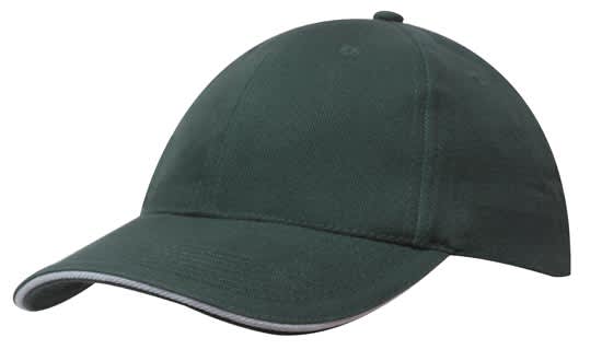 A dark green brushed heavy cotton cap with sandwich trim and a logo on the front.