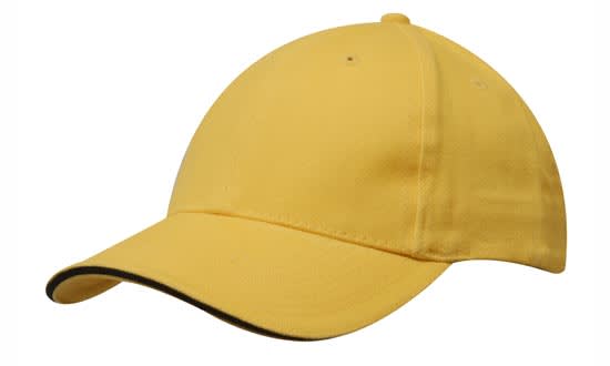 A yellow cap with a black sandwich trim and a curved peak, featuring a logo on the front.