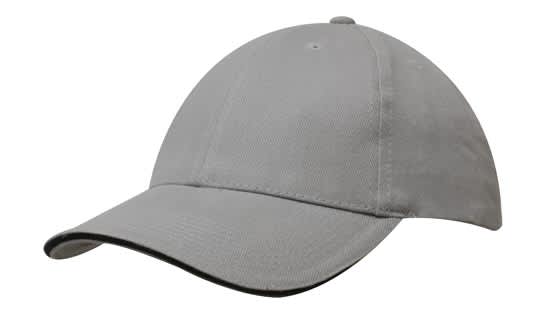 A grey brushed heavy cotton cap featuring a sandwich trim and a logo on the front.