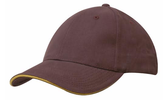 A brown cap featuring a sandwich trim in yellow and a logo on the front.