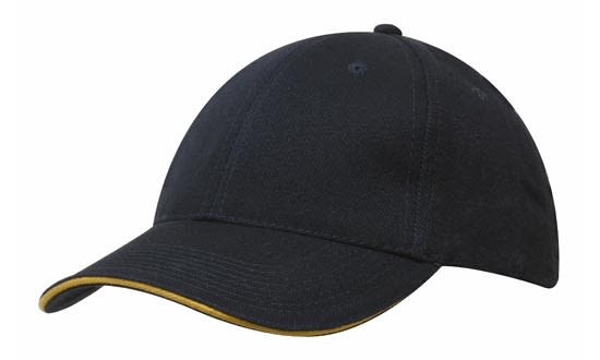 A black brushed heavy cotton cap with sandwich trim in gold, featuring a logo on the front.