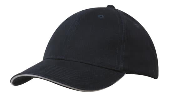 A black brushed heavy cotton cap with sandwich trim and a logo on the front.
