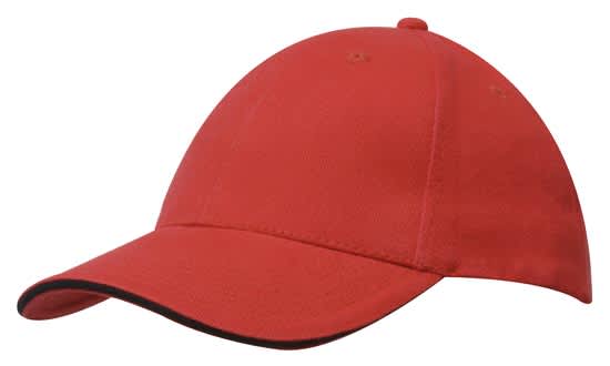 A red brushed heavy cotton cap with a sandwich trim. It features a curved brim and has a logo.