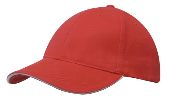 A red brushed heavy cotton cap with a sandwich trim and a logo on the front.
