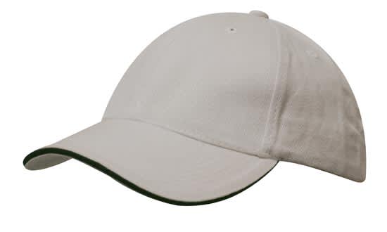 A white brushed heavy cotton cap featuring a green sandwich trim and a logo on the front.