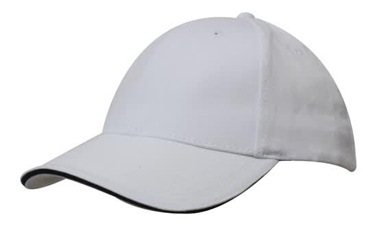A white brushed heavy cotton cap with sandwich trim and a logo.