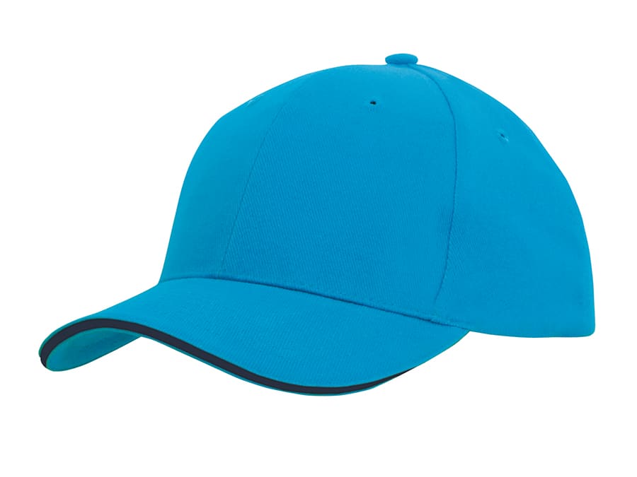 A bright turquoise cap with sandwich trim, featuring a curved brim and a logo.