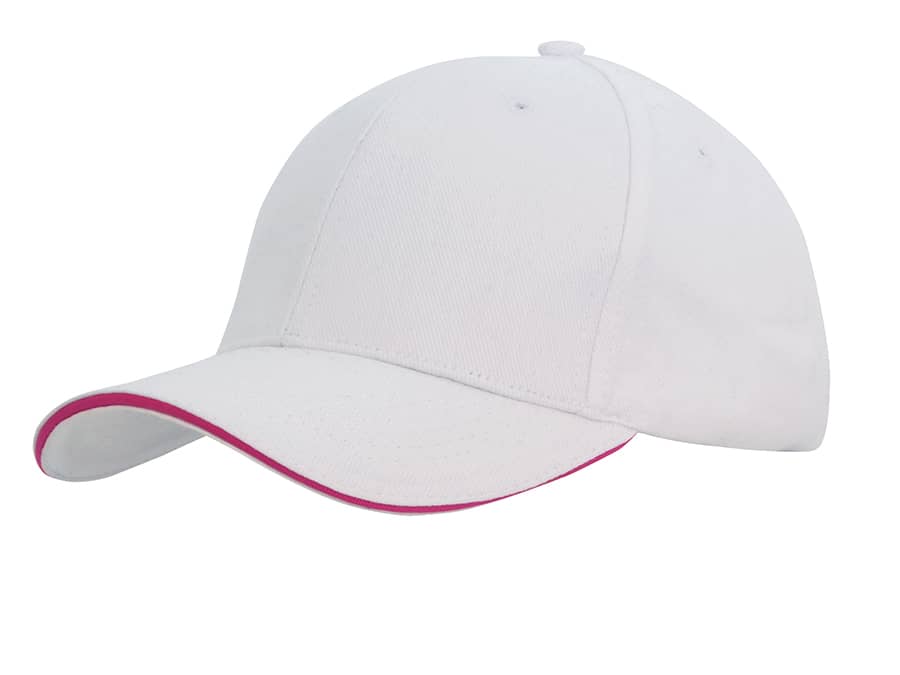 A white cap with a pink sandwich trim and a branded logo on the front. It's made of brushed heavy cotton.