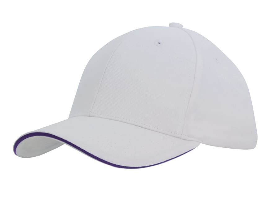 A white cap with a purple sandwich trim and a logo. Featuring a classic design, it's made of heavy cotton.