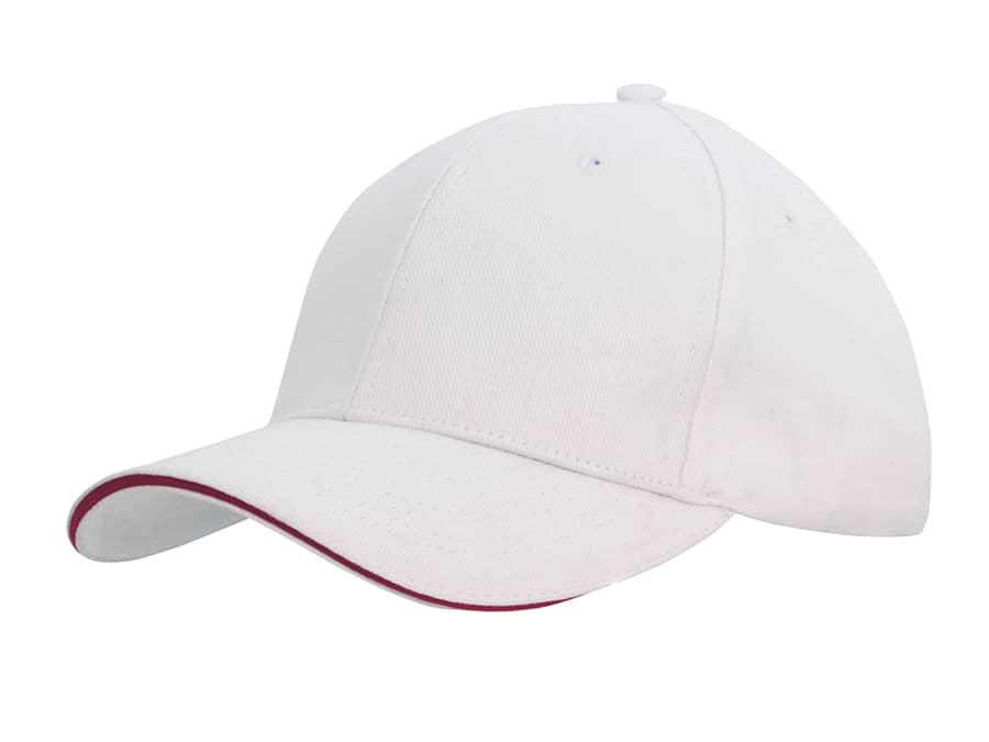 A white cap with a red sandwich trim and a logo on the front, featuring a curved brim.