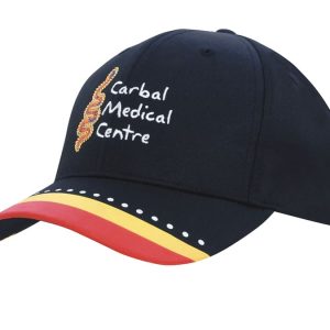 A navy cap featuring a multicoloured printed peak and a logo, ideal for promotional use.