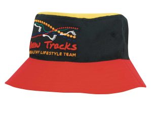 A multicoloured bucket hat featuring black, red, and yellow panels, with an embroidered logo.