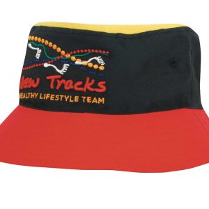 A multicoloured bucket hat featuring black, red, and yellow panels, with an embroidered logo.