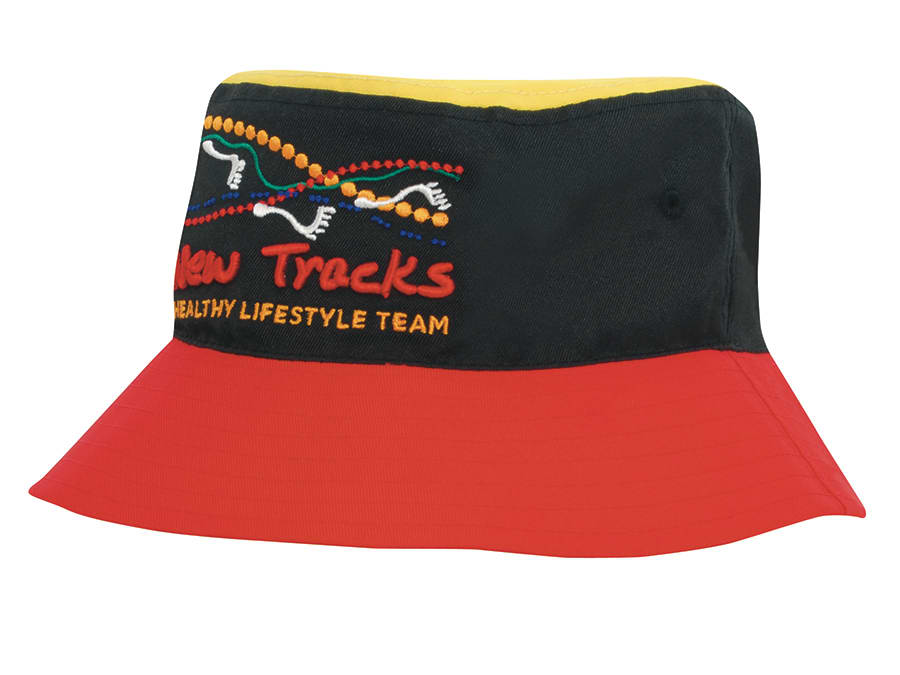 A multicoloured bucket hat featuring black, red, and yellow panels, with an embroidered logo.