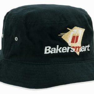 A black brushed sports twill bucket hat featuring a logo. It has a wide brim and a classic design.