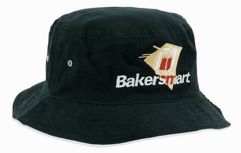 A black brushed sports twill bucket hat featuring a logo. It has a wide brim and a classic design.
