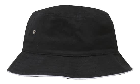 A black brushed sports twill bucket hat with a white trim and a small logo detail.