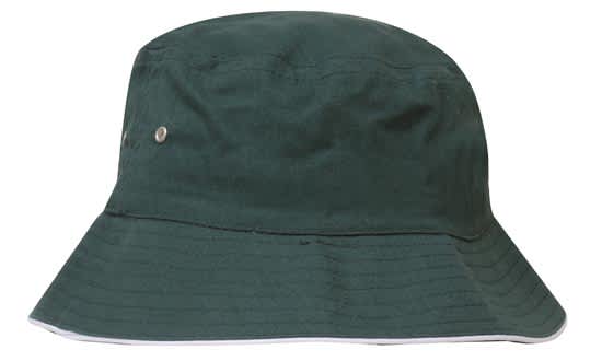 A dark green bucket hat with a wide brim and a logo on the side.
