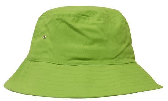 A green brushed sports twill bucket hat with a wide brim and a side vent. Features a logo on the front.
