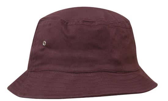 A burgundy bucket hat with a simple design and a small brand logo on the side.