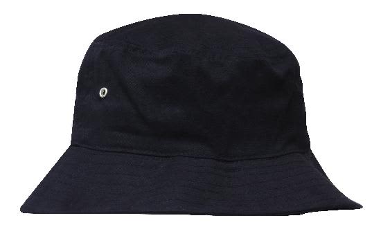 A black brushed sports twill bucket hat with a small logo. Ideal for outdoor activities and casual wear.