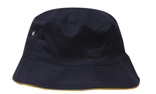 A navy brushed sports twill bucket hat with a contrasting yellow trim and a decorative logo.