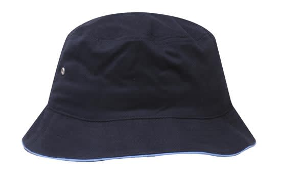 A navy bucket hat featuring a textured finish and a silver logo detail.