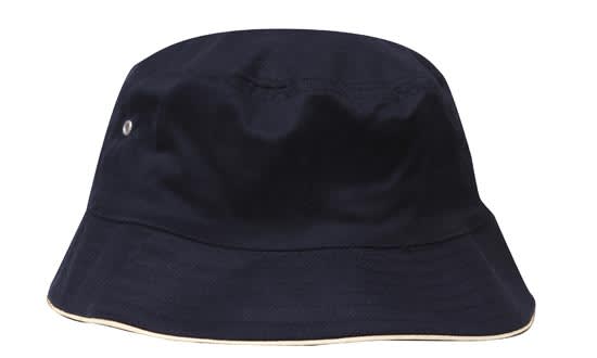 A navy blue bucket hat featuring a wide brim and a logo on the side. Ideal for outdoor wear.