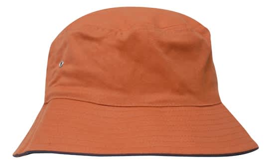 An orange bucket hat with a wide brim and a logo on the side, made from brushed sports twill fabric.