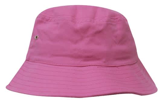 A pink brushed sports twill bucket hat with a wide brim and a small logo on the side.