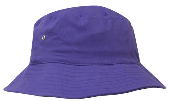 A purple brushed sports twill bucket hat featuring a small logo.