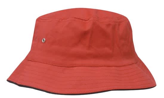 A red brushed sports twill bucket hat with a round eyelet and a wide brim.