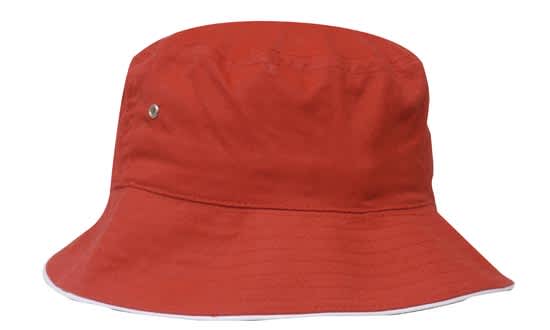 A red brushed sports twill bucket hat featuring a logo and a wide brim.