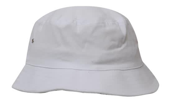 A white brushed sports twill bucket hat with a small logo. Features a wide, flexible brim.