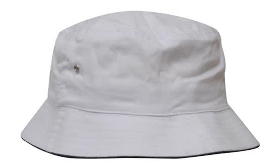 A white brushed sports twill bucket hat with a logo on the side. Suitable for headwear collection.