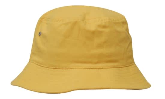 A yellow brushed sports twill bucket hat with a branding logo on the side.