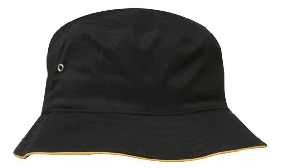 A black bucket hat with a yellow trim and a side eyelet, featuring a logo on the front.