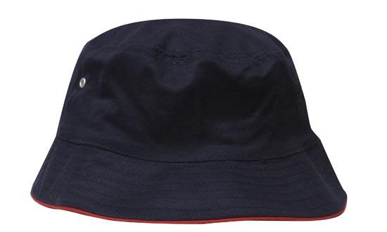 A navy bucket hat featuring a wide brim and a contrasting red trim, with a small logo on the side.