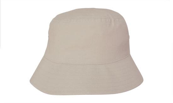 A beige bucket hat with a wide brim, featuring a simple design and a logo on the front.