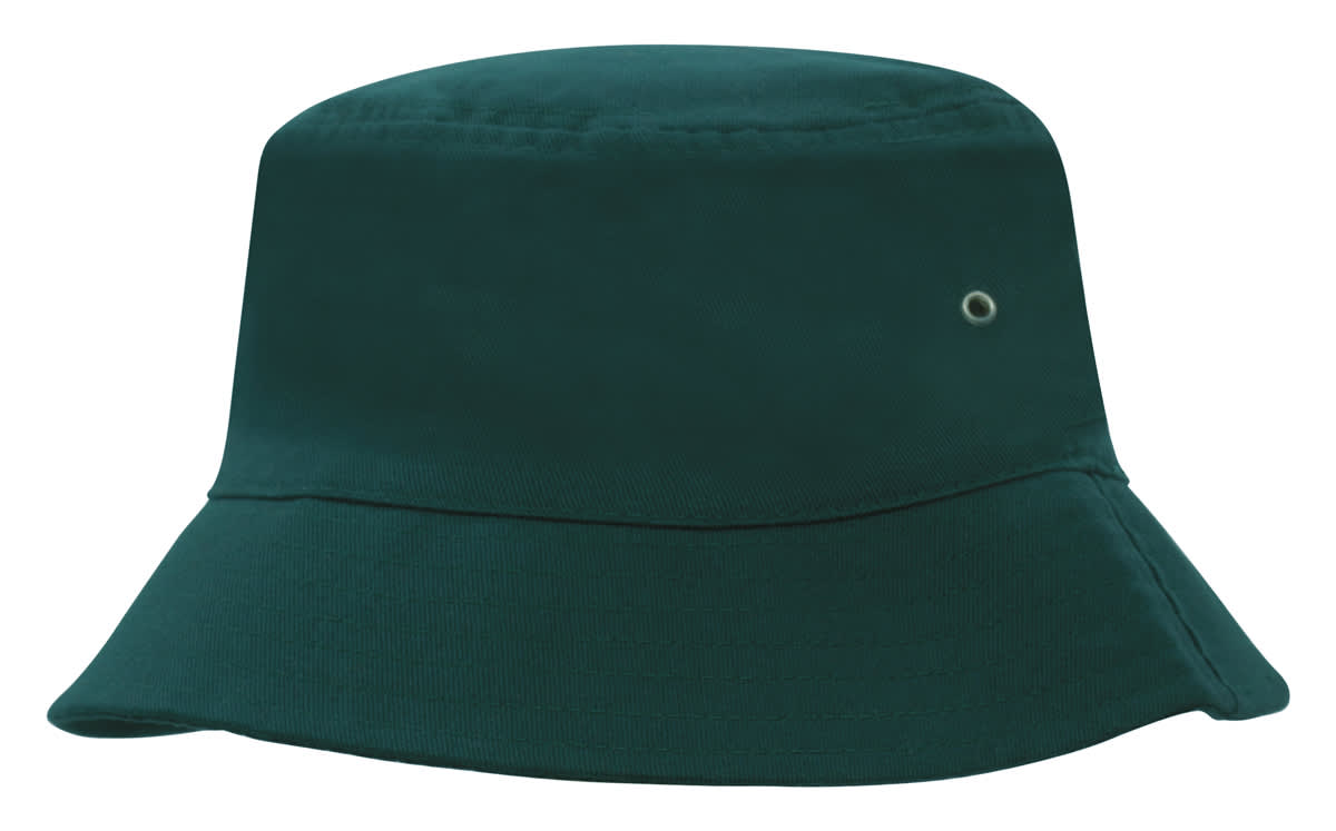 A dark green brushed sports twill bucket hat with a metal eyelet. It has a wide brim for sun protection.