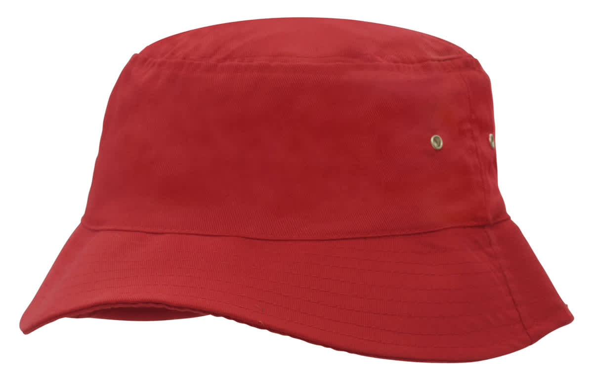 A red brushed sports twill bucket hat featuring a wide brim and metallic accents.
